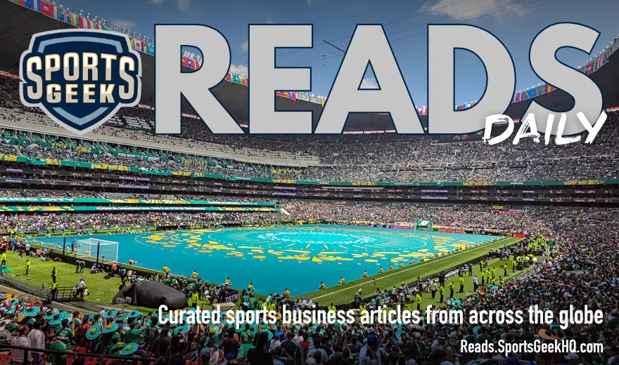 Azteca Stadium during the opening ceremony of the 2026 FIFA World Cup with Sports Geek Reads Daily overlay