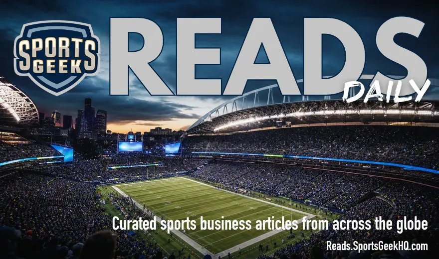 Sports Geek Reads Daily featured image showing a packed American football stadium at dusk with a Seattle-inspired skyline.