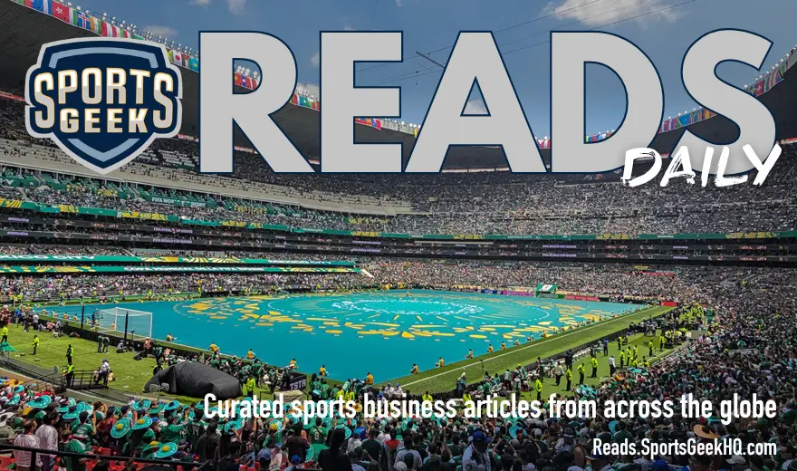 Azteca Stadium during the opening ceremony of the 2026 World Cup with Sports Geek Reads Daily overlay