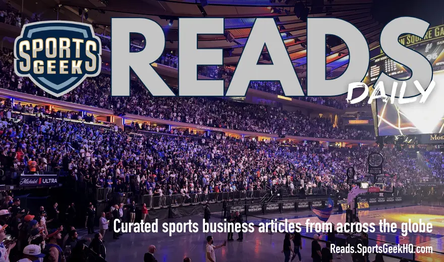 Madison Square Garden watch party crowd for NBA Finals Game 1 with Sports Geek Reads Daily overlay