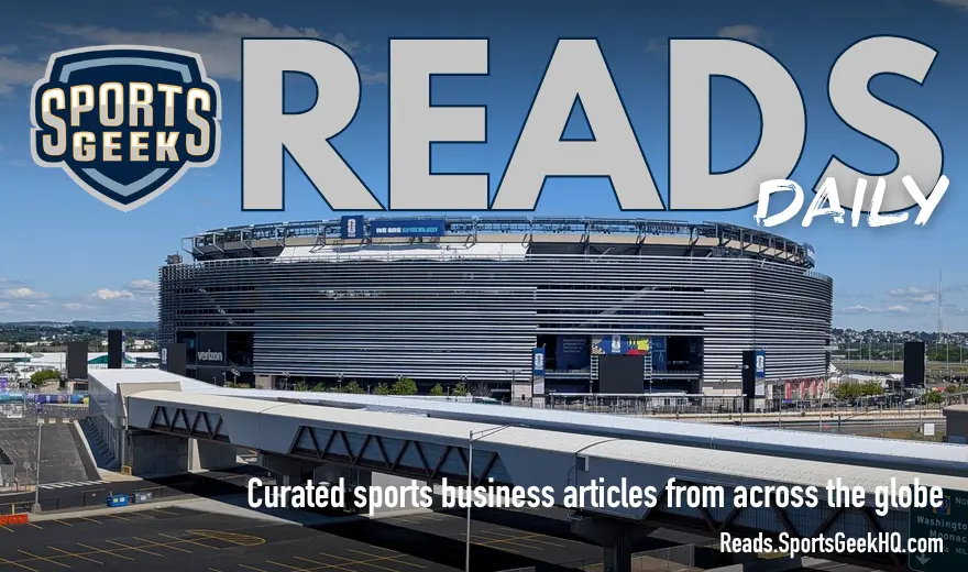 MetLife Stadium exterior in 2026 FIFA World Cup configuration with Sports Geek Reads Daily overlay