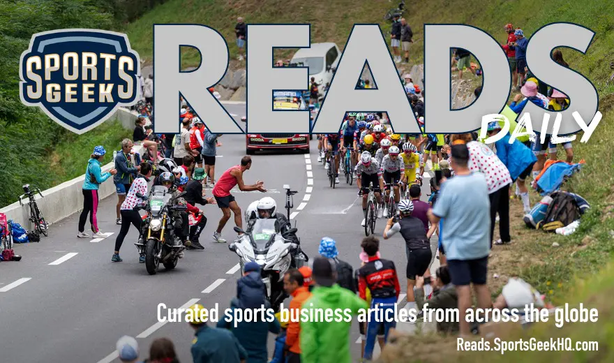 Sports Geek Reads Daily feature image with Tour de France peloton background