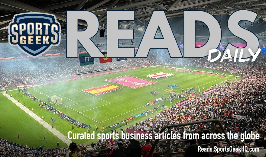 Sports Geek Reads Daily feature image with a women's football stadium crowd scene