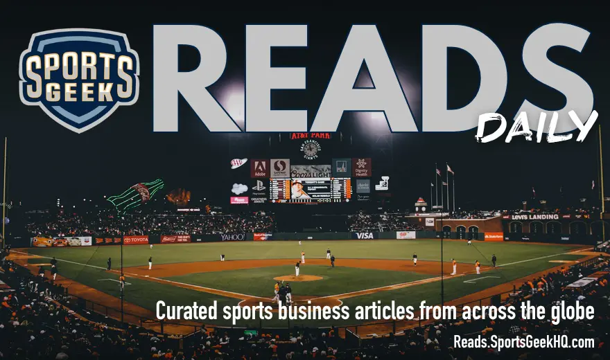 Baseball crowd at a night game with Sports Geek Reads Daily overlay