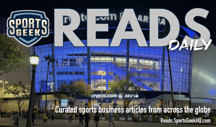 Crypto.com Arena exterior with Sports Geek Reads Daily overlay
