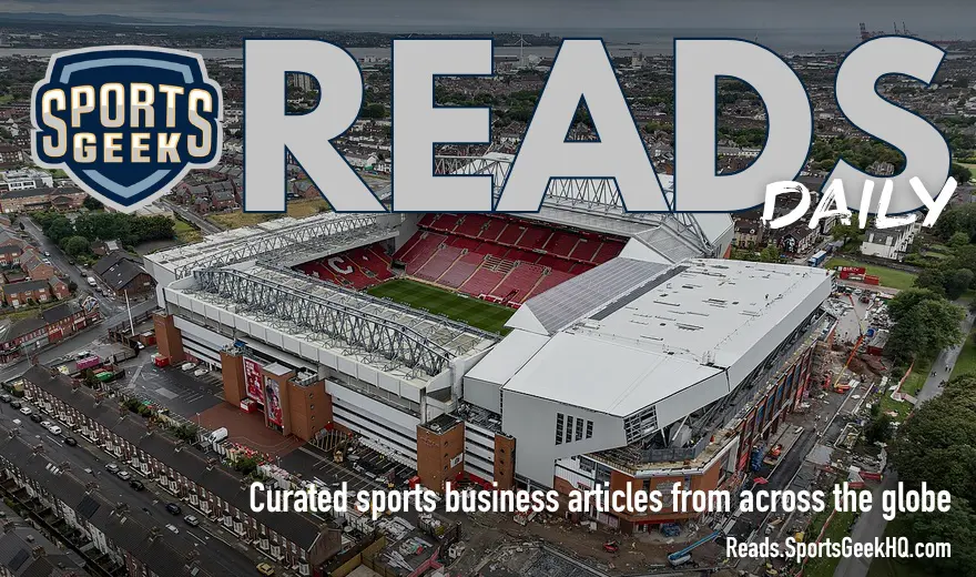 An aerial view of Anfield, home of Liverpool FC, used for Sports Geek Reads Daily