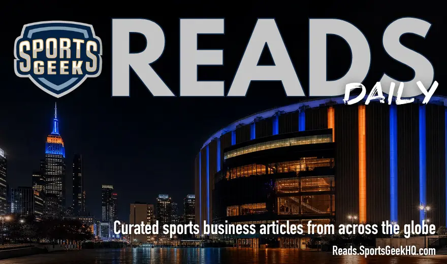 Sports Geek Reads Daily feature image using the standard overlay over a Madison Square Garden style New York basketball arena background at night.
