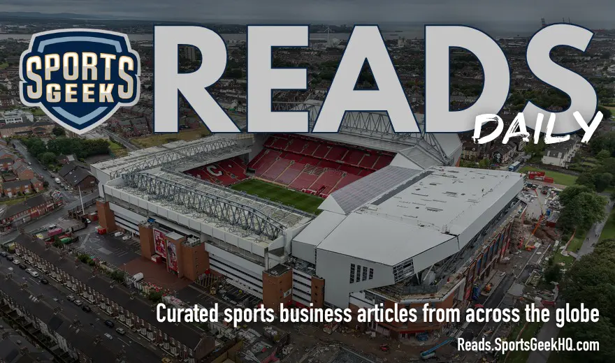 Sports Geek Reads Daily composited featured image over Anfield stadium