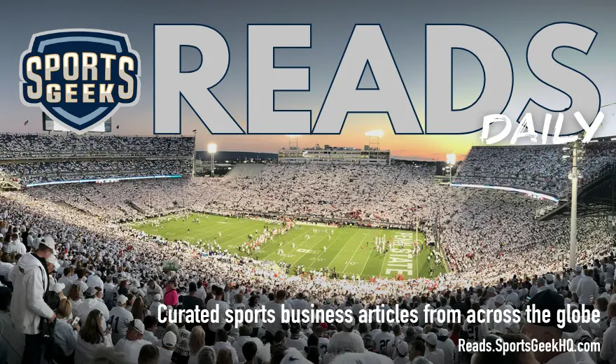 College football whiteout crowd in Beaver Stadium with Sports Geek Reads Daily branding overlay