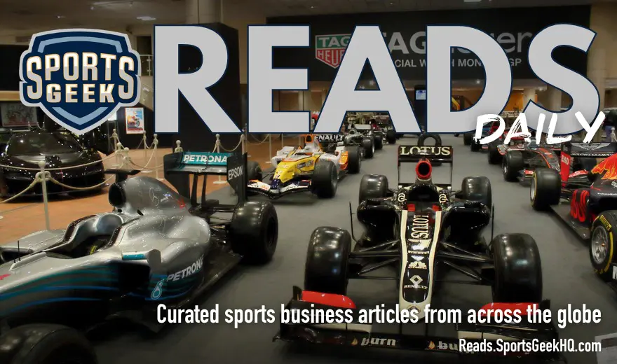 Sports Geek Reads Daily branded cover with Formula 1 race cars