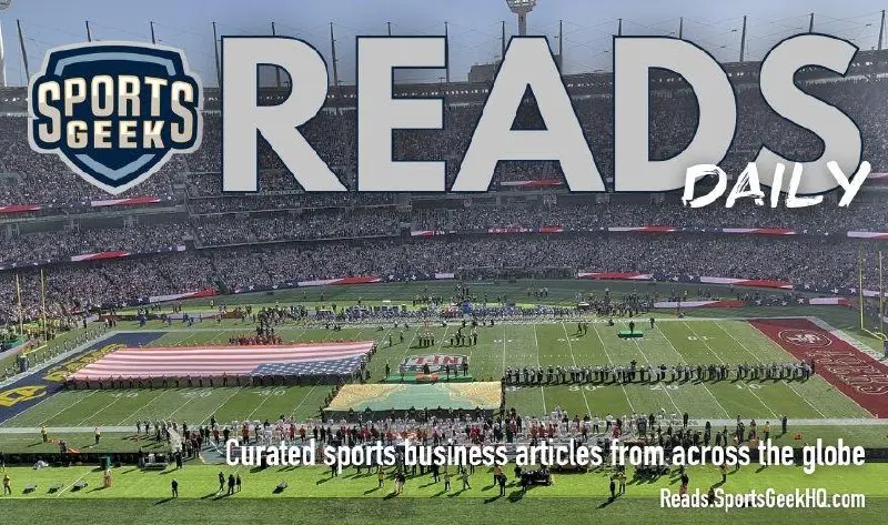 Sports Geek Reads Daily cover showing a packed American football stadium with a giant American flag