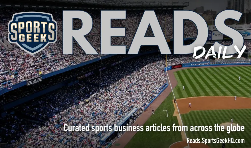 Yankees stadium crowd with Sports Geek Reads Daily branding