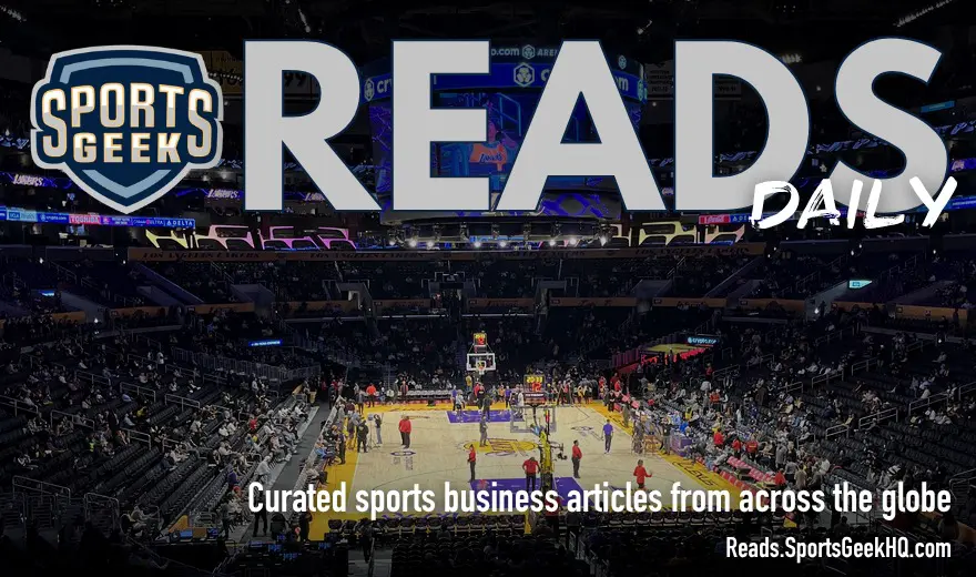 Crypto.com Arena interior before a Lakers game with Sports Geek Reads Daily branding