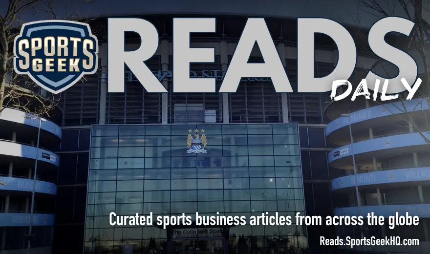 Etihad Stadium Manchester City with Sports Geek Reads Daily branding