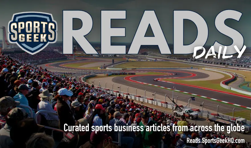 Formula 1 USGP crowd at Circuit of the Americas with Sports Geek Reads Daily branding