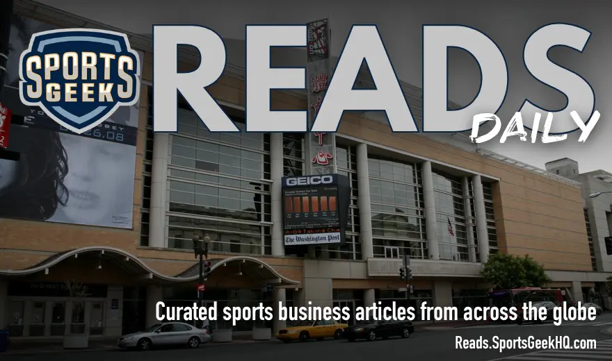 Arena exterior with Sports Geek Reads Daily branding