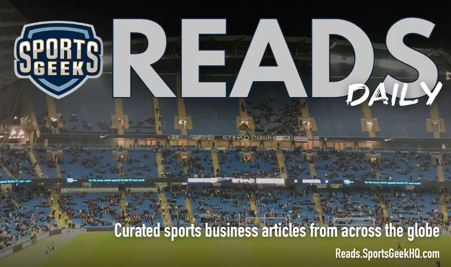 Etihad Stadium South Stand with Sports Geek Reads Daily branding