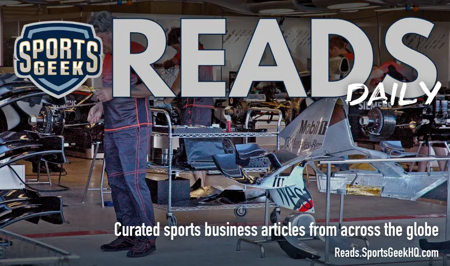 McLaren garage with Sports Geek Reads Daily branding