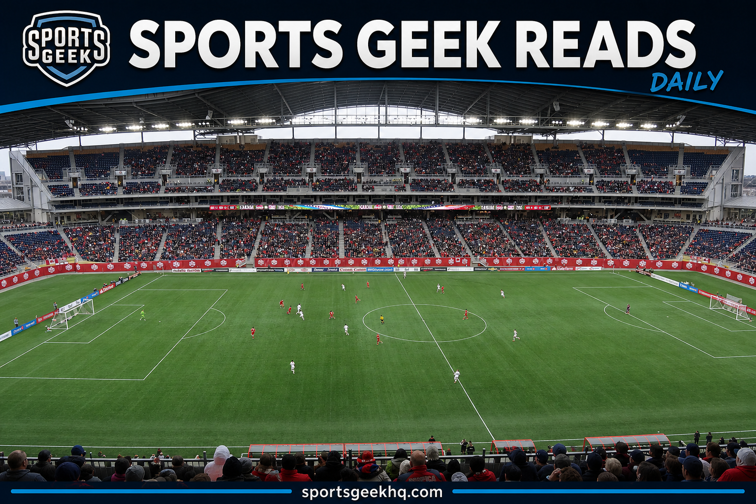 Sports Geek Reads Daily banner adapted from an archival Canada versus USA women’s football stadium photograph