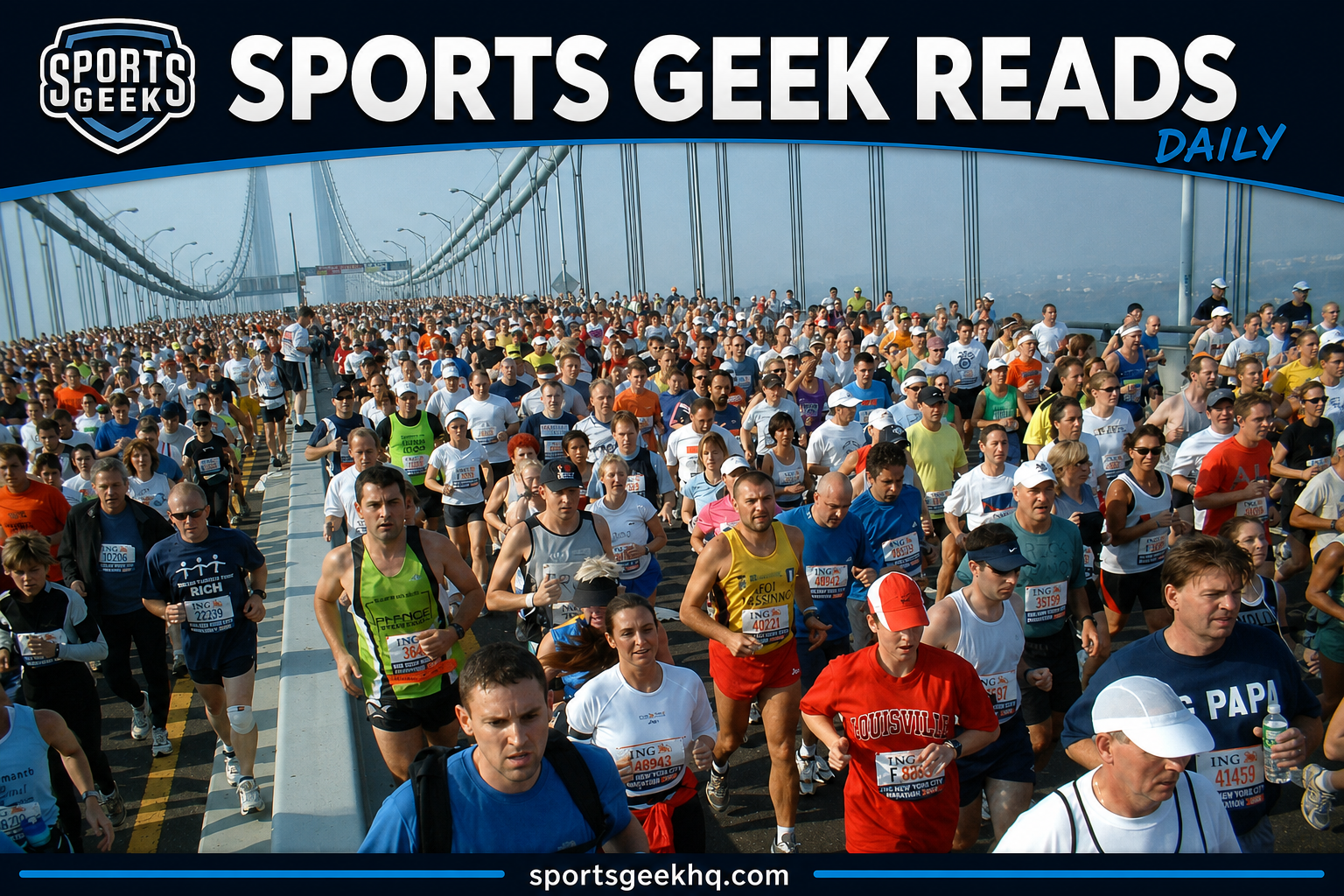 Sports Geek Reads Daily banner adapted from an archival NYC Marathon runners on the Verrazzano Bridge photo