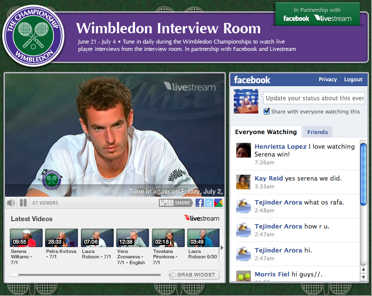 Wimbledon LiveStream Facebook Mashup