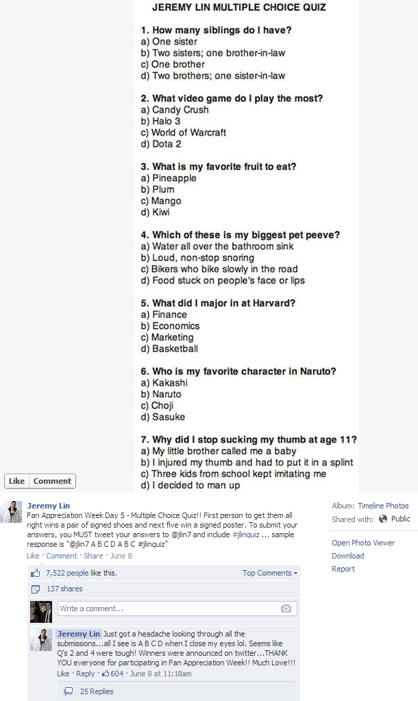Jeremy Lin - Fan Appreciation Week - Day 5 - Facebook Quiz