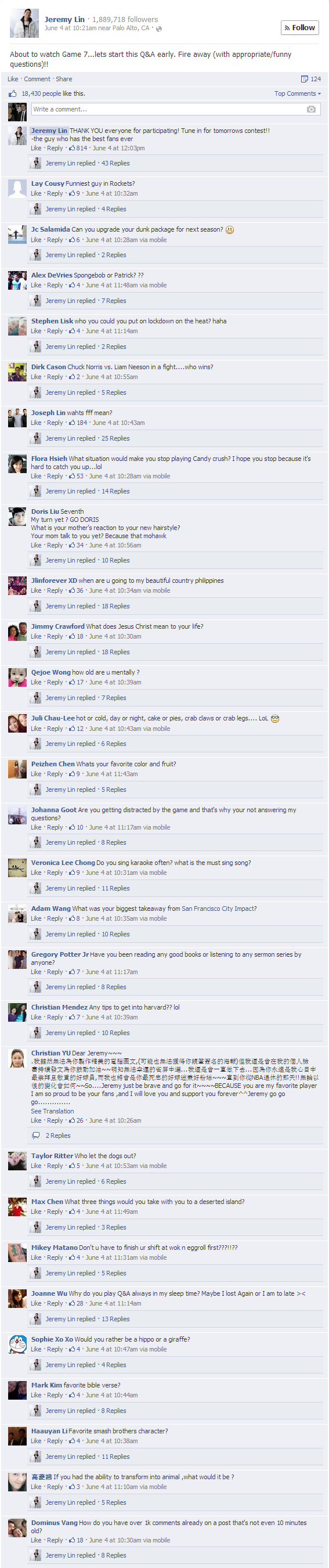 Jeremy Lin - Fan Appreciation Week - Day 1 Facebook Q&A