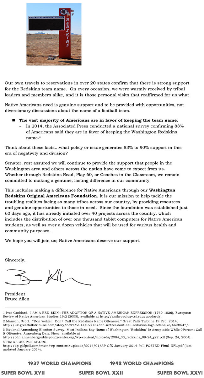 Part 2 of letter Redskins sent Senator Reid regarding the Redskins name